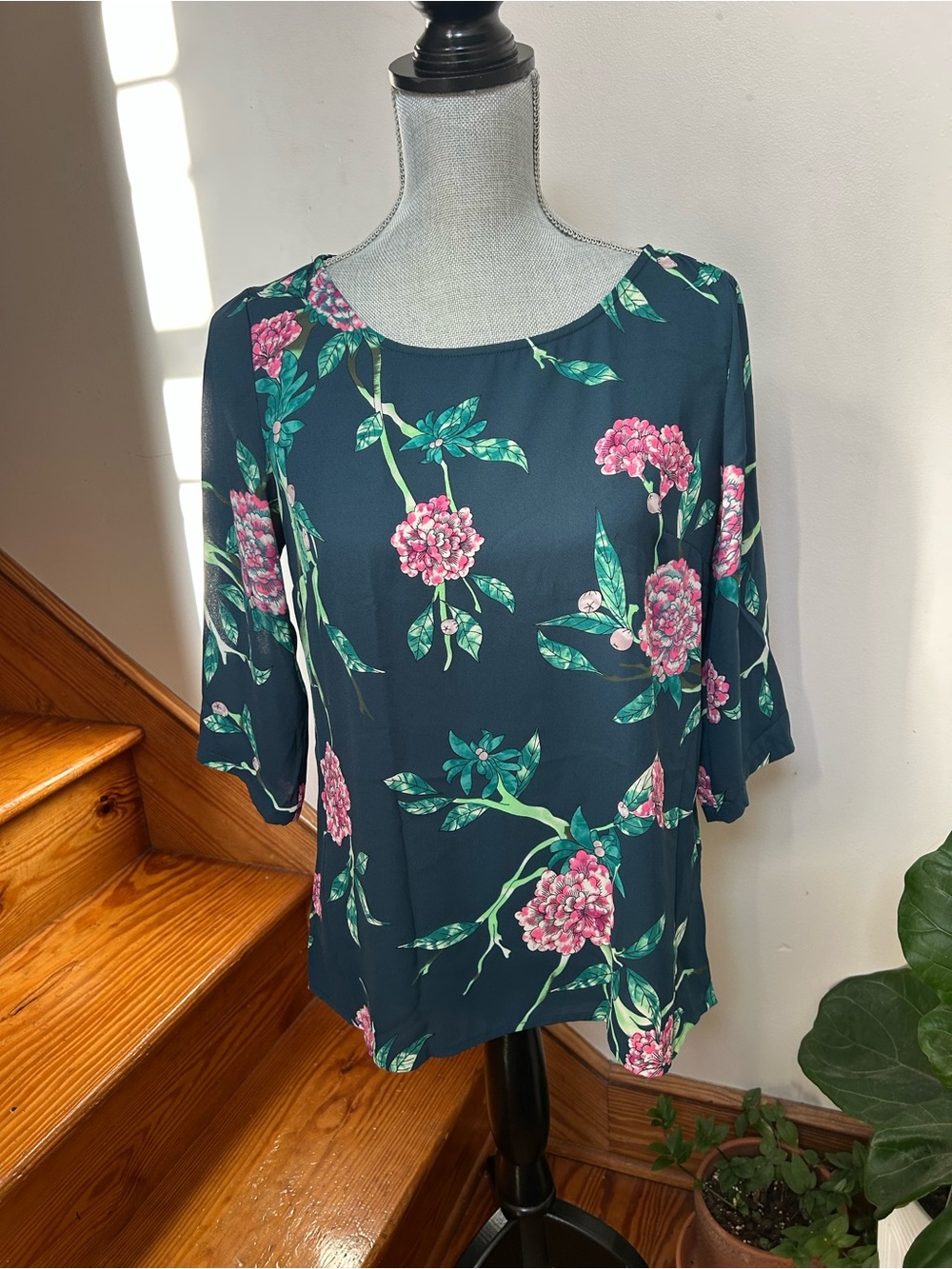 HD in Paris Navy Blouse with Pink Floral Print